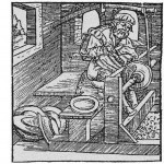 Drechsler beim Fertigen von Holzschüsseln. Holzschnitt aus einer schweizerischen Chronik von 1548 (Aus: Heege 2002, S. 280, Abb. 588)