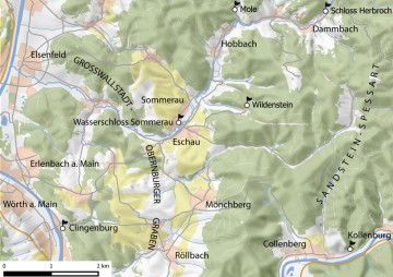 Topographische Übersicht des südwestlichen Spessart. Karte: Jürgen Jung, Spessart-GIS
