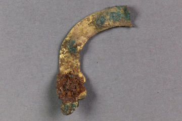 Fragment eines Schildbuckelbesatzes vom Kugelberg bei Goldbach, Spessart, zweites Drittel 12. Jahrhundert, Fz.-Nr. 221, H. 3,6 cm, Br. 2,5 cm