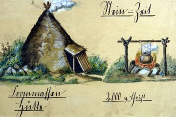 Die Menge der bei Ebersbach geborgenen Funde aus der Steinzeit animierten das Museum zu Aschaffenburg um 1900 zu einer Serie von Abbildungen zu diesem Thema. Da das Wissen um die Form vorgeschichtlicher Bauten noch sehr gering war, musste man sich mit Phantasie behelfen. Hier ähnelt die Überdachung sehr einem Indianerzelt.