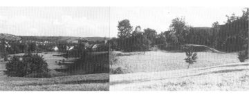 Blick auf die Burg Mömbris als das umliegende Weideland noch bewirtschaftet war. Deutlich erkennt man die Geländekante in Richtung Kahl, aus: Griebel 1982, S. 87.