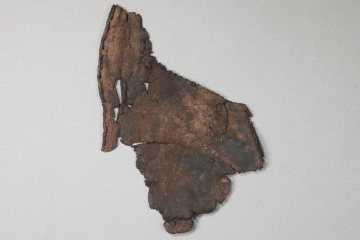 Fragment des Oberleders eines Schuhs, Fd.-Nr. 284au, um 1400, H. 15,9 cm, Br. 10,8 cm