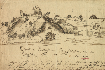 Ansicht der Ruine der Burg Bartenstein auf dem Prospekt von 1790